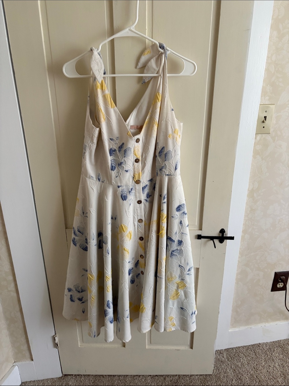 Sleeveless Cream Floral Button-Front Midi